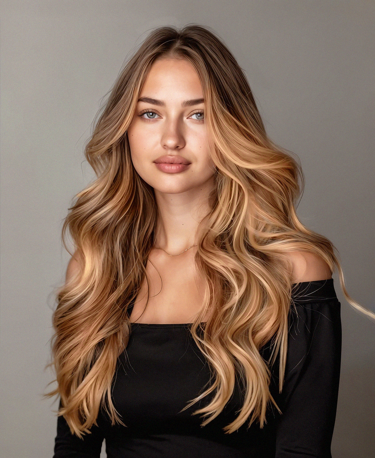 invisible clip-in hair extensions caramel balayage.