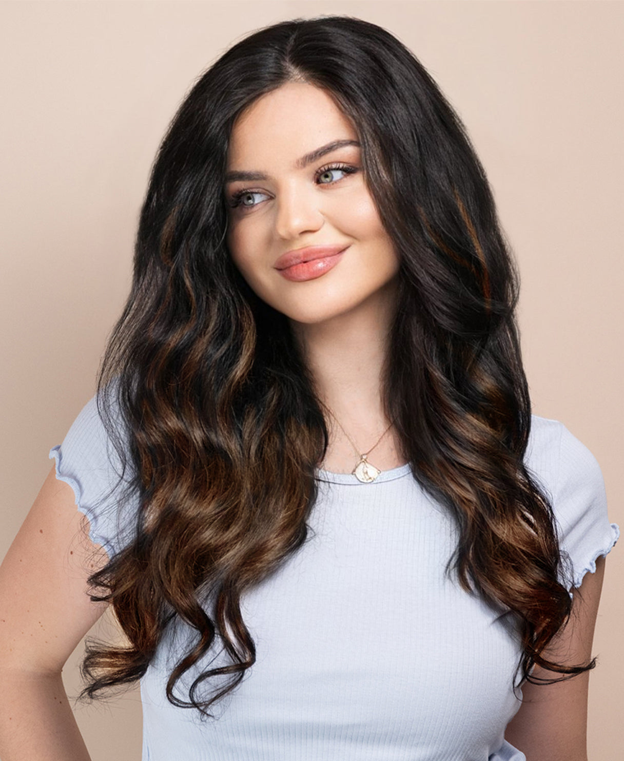 invisible clip-in hair extensions mocha balayage.