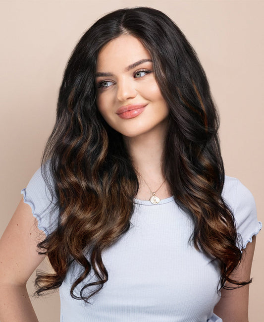 invisible clip-in hair extensions mocha balayage.