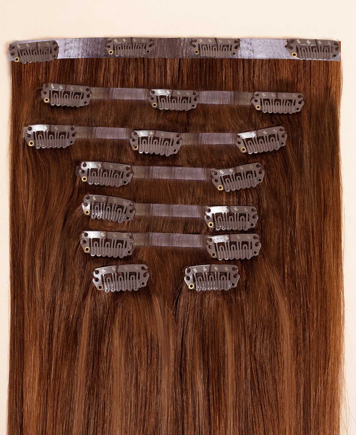 invisible clip-in hair extensions chestnut balayage.
