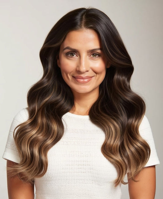 clip-in hair extensions mocha balayage.