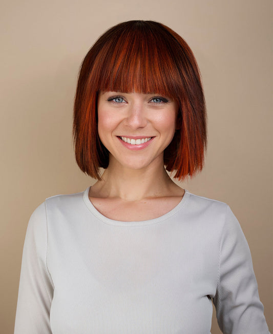 bob with fringe human wig - 8" red highlights.