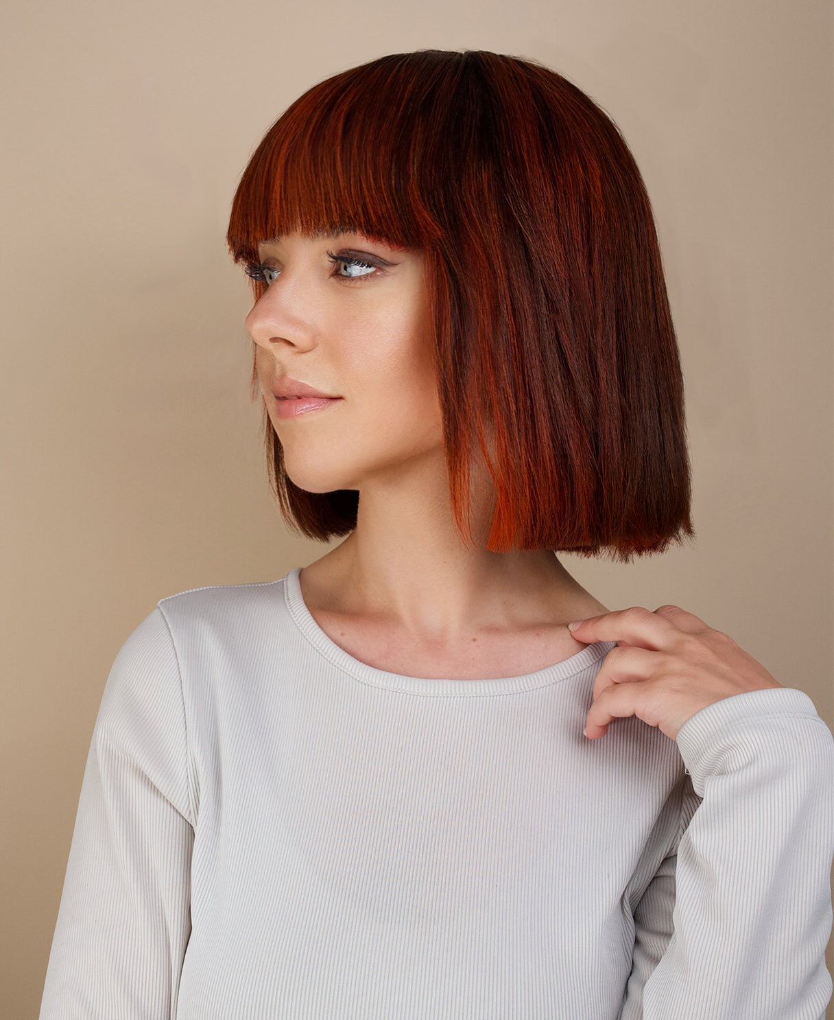 bob with fringe human wig - 8" red highlights.