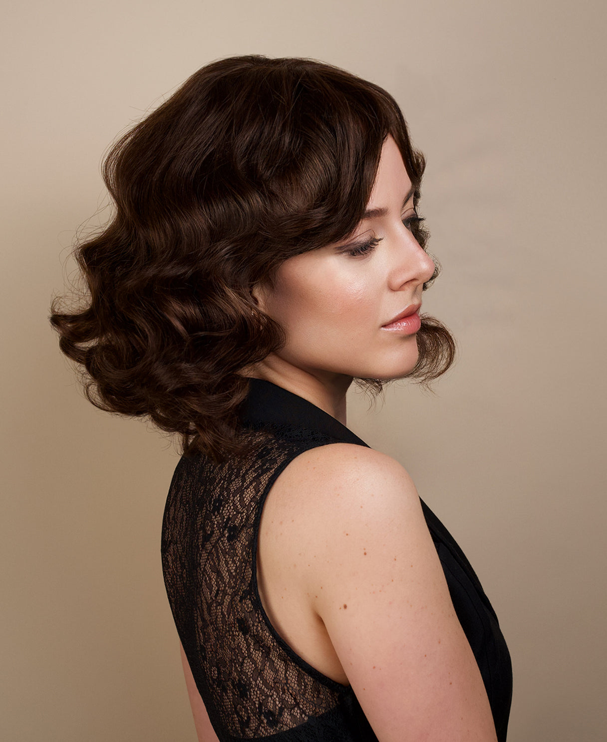 put on & go wavy human wig - 12" chocolate brown with curtain bangs.