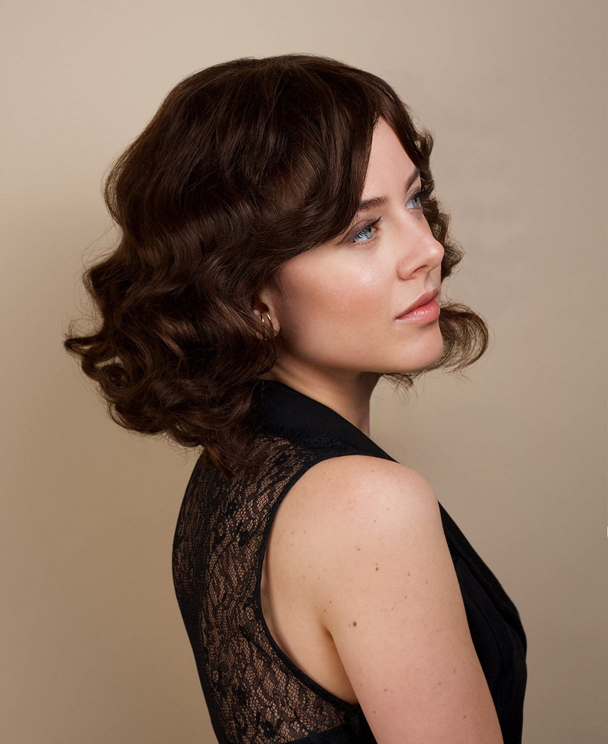 put on & go wavy human wig - 12" chocolate brown with curtain bangs.