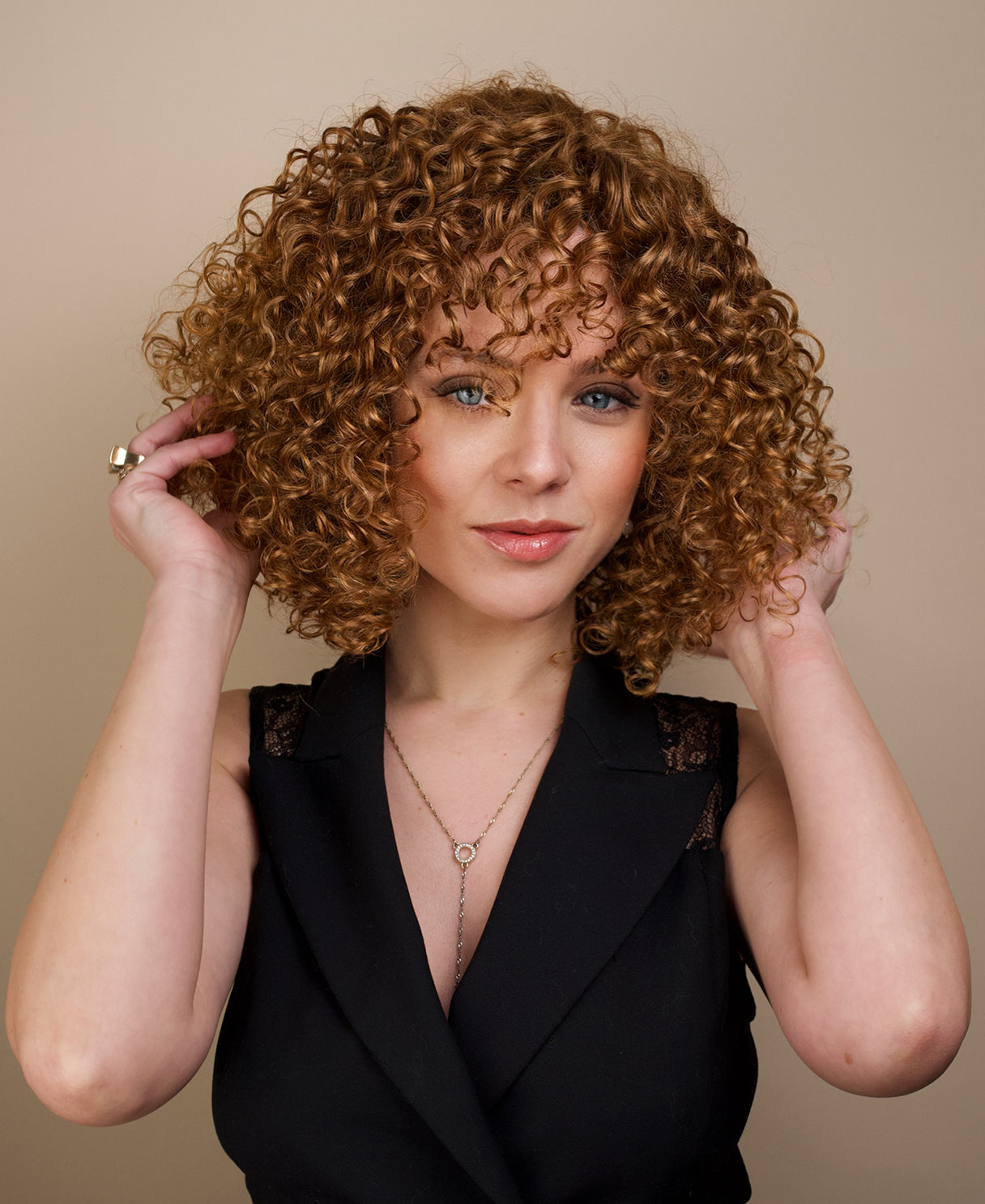 put on & go curly human wig - 14" strawberry blonde with bangs.
