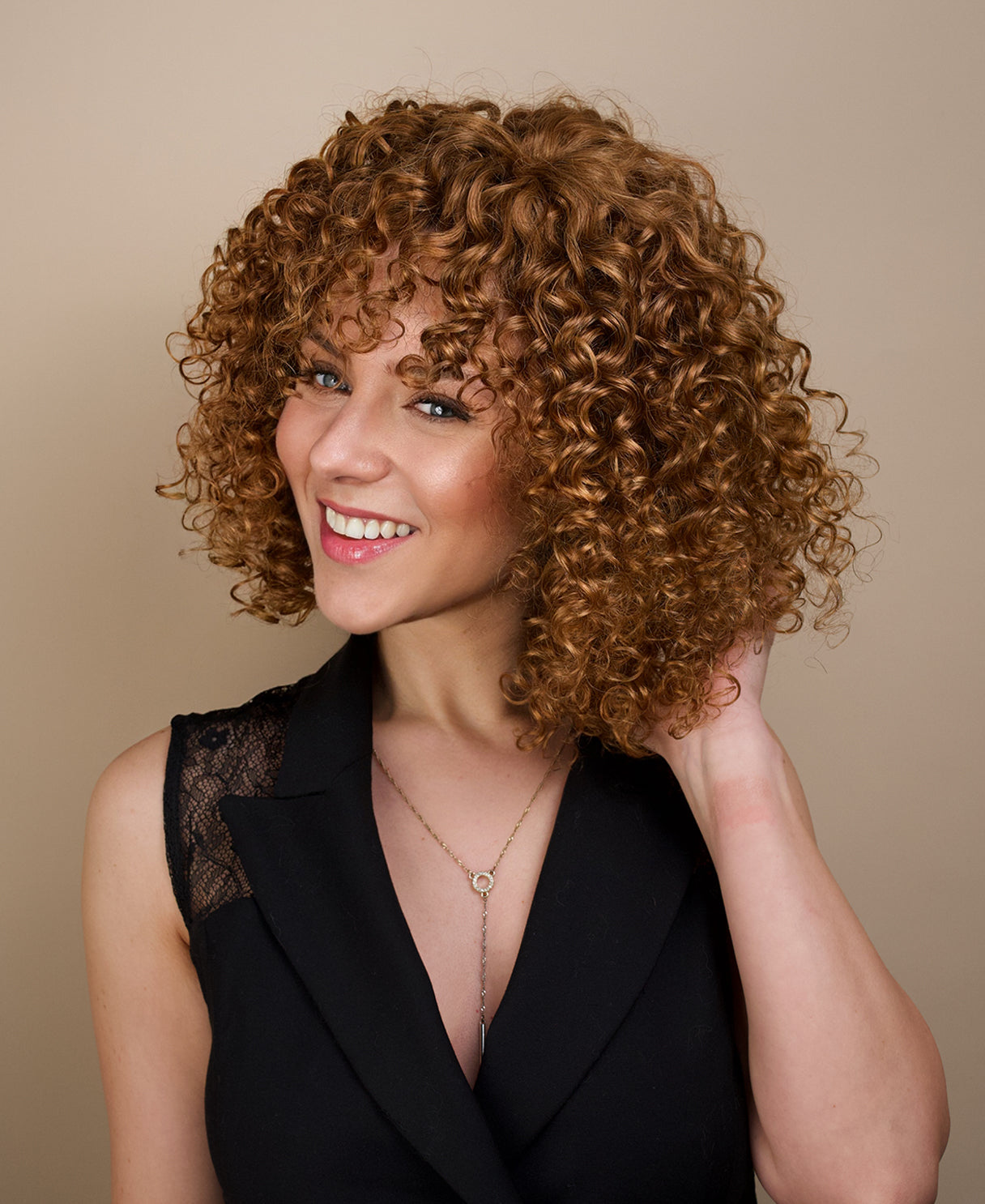 put on & go curly human wig - 14" strawberry blonde with bangs.