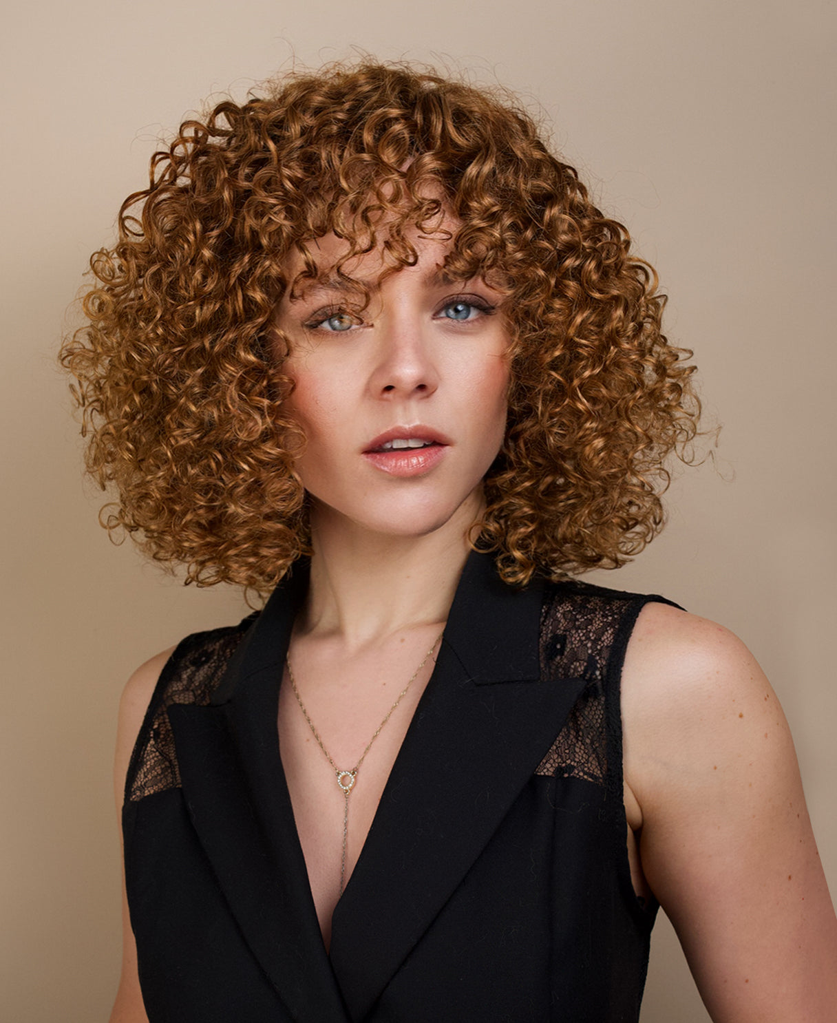 put on & go curly human wig - 14" strawberry blonde with bangs.