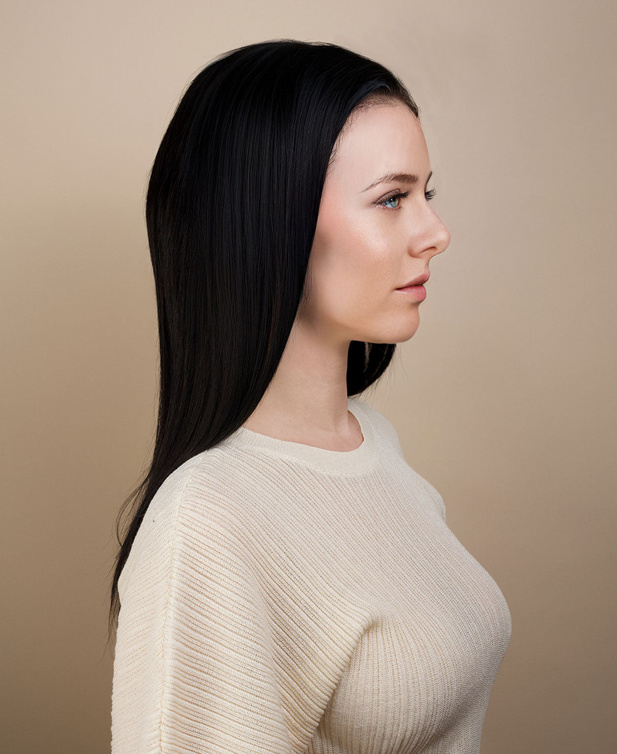 put on & go pre-cut lace human wig - 16" deep black.