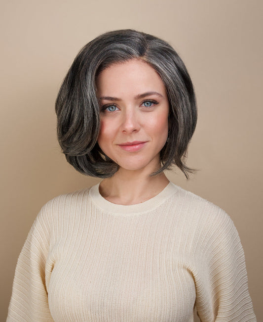 long bob with side part human wig - 10" salt and pepper.