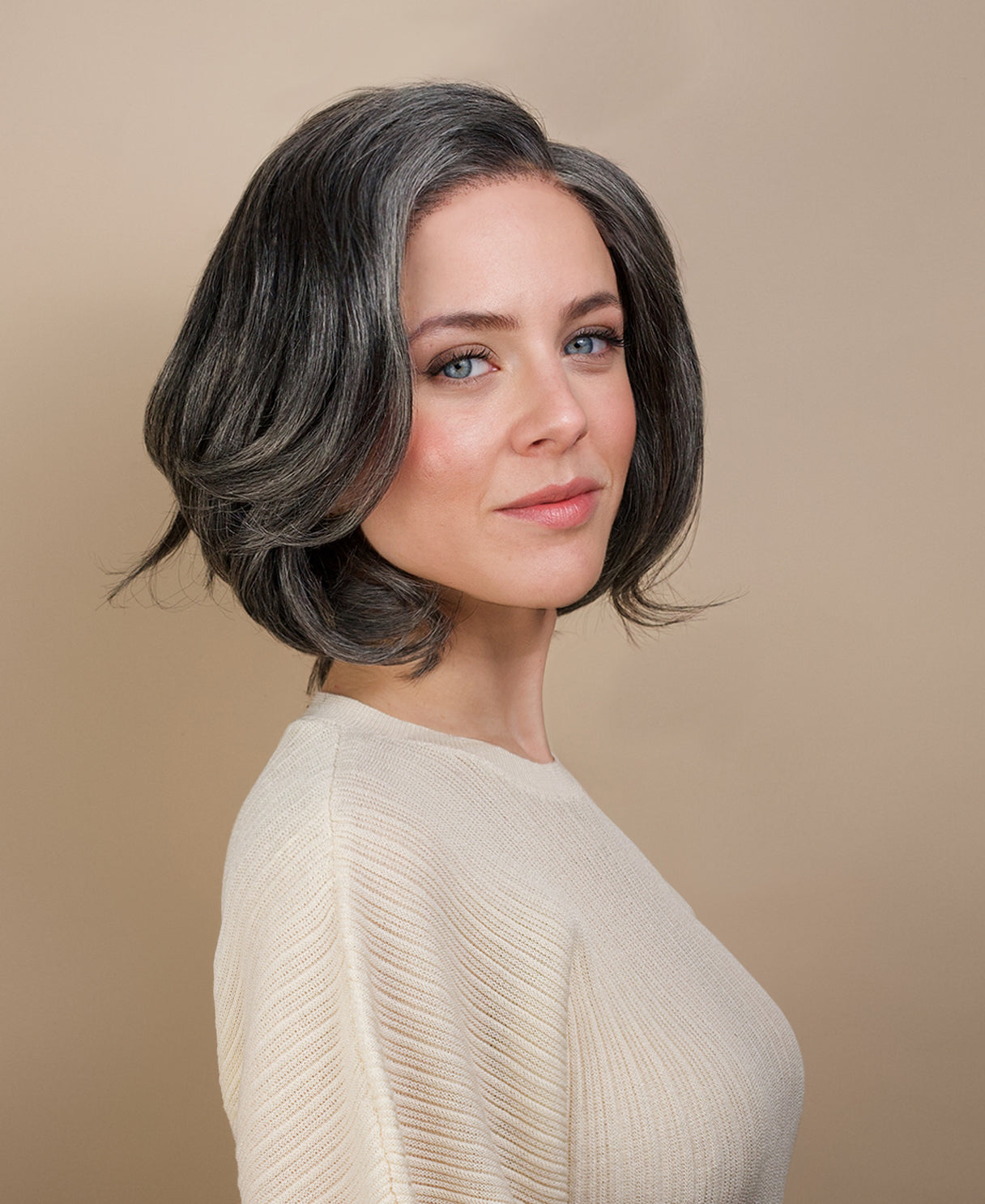 long bob with side part human wig - 10" salt and pepper.