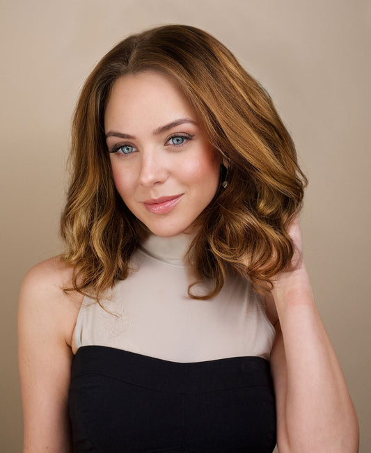 put on & go pre-cut lace wavy human wig - 16" caramel balayage.