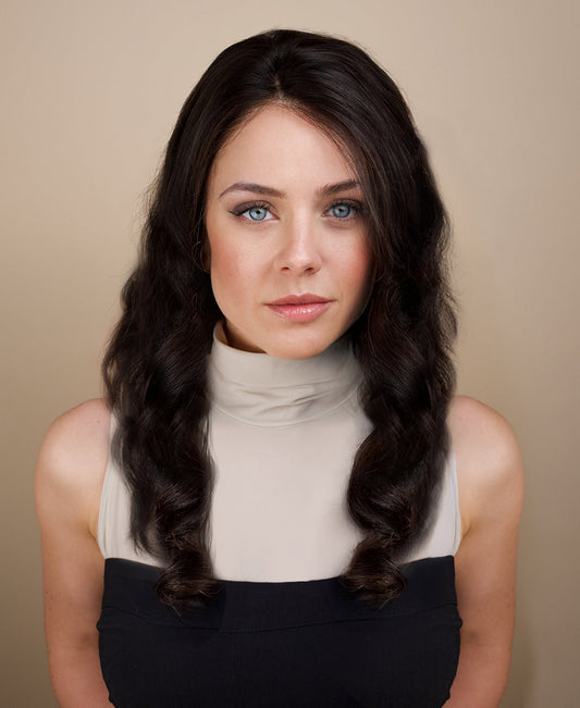 pre-cut full lace wavy human wig - 16" natural black.