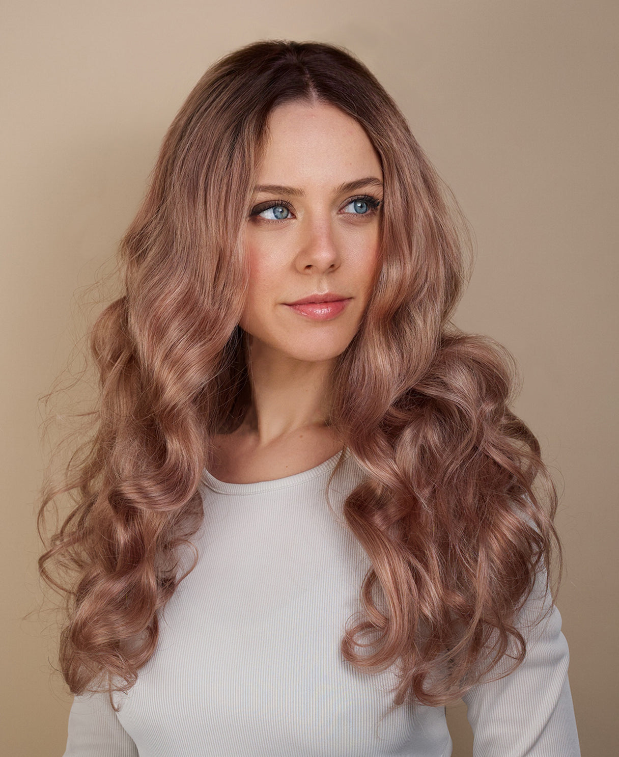 lace front wavy human wig - 22" rooted rosé.