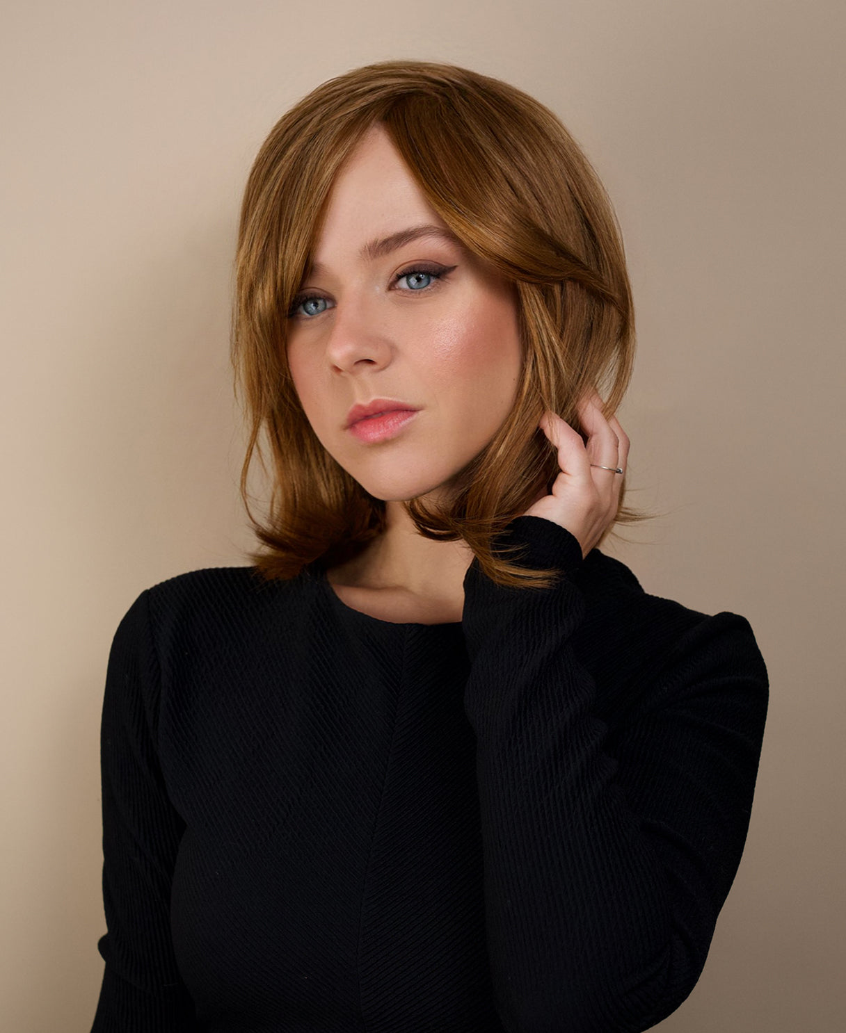 human hair wig with side bangs - 12" light brown.