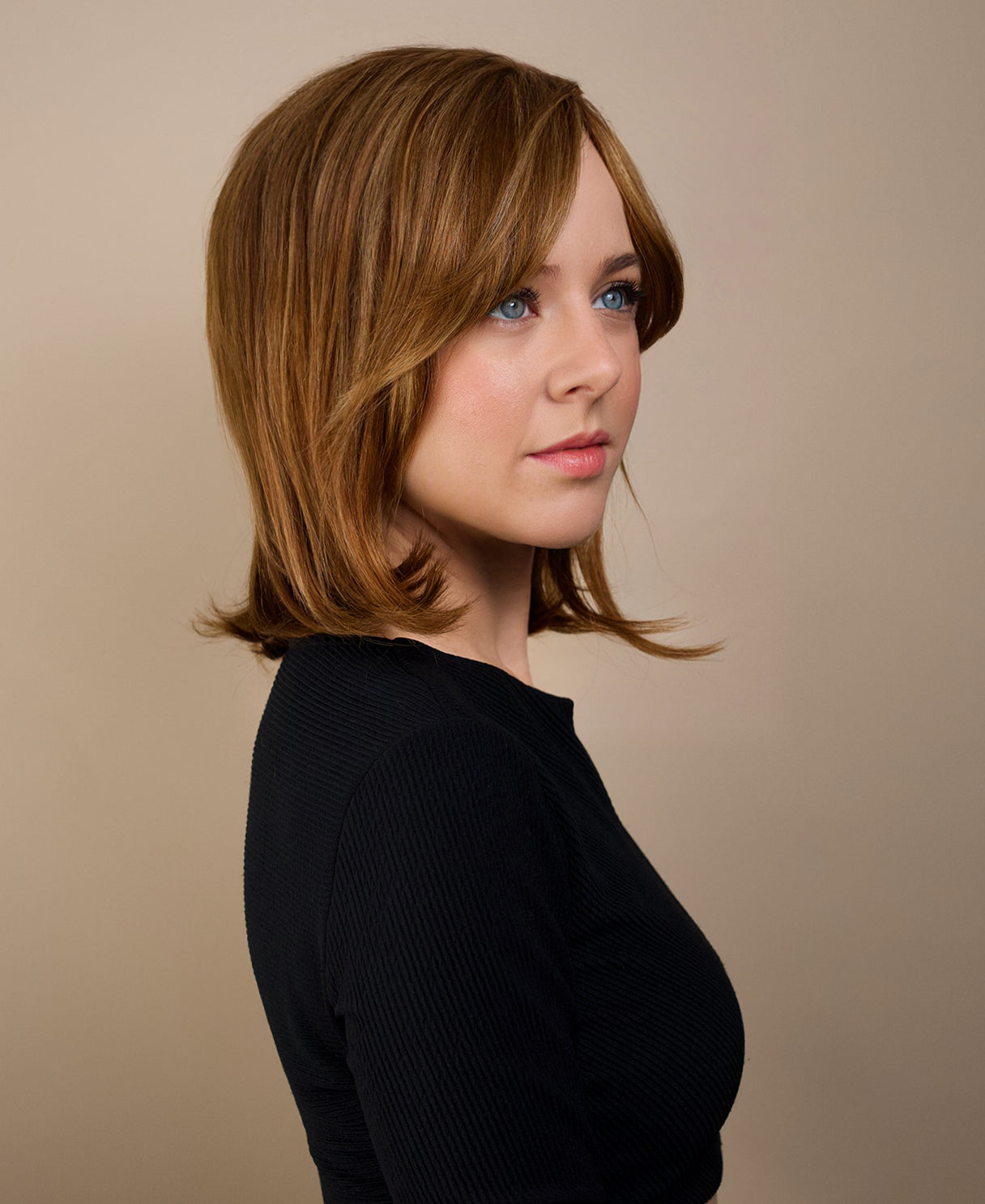 human hair wig with side bangs - 12" light brown.