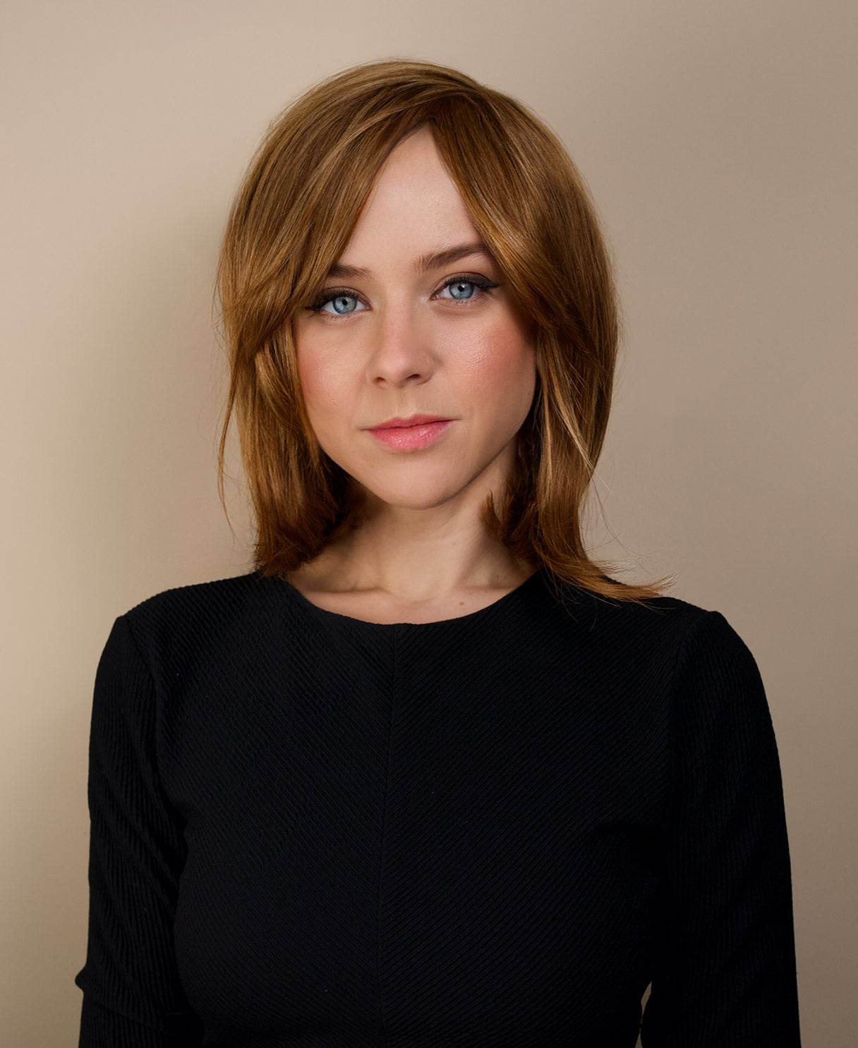 human hair wig with side bangs - 12" light brown.