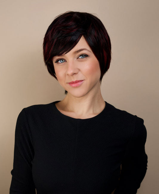 pixie human wig with side bangs - 6" black and red.