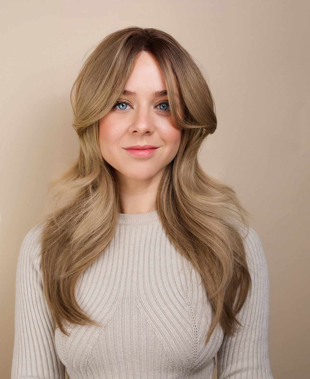 vegan fiber wig - 24" layered medium blonde.