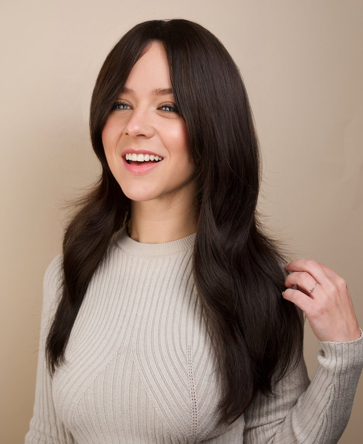 vegan fiber wig - 24" layered dark brown.