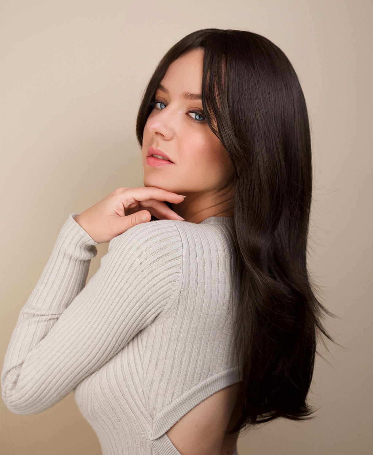 vegan fiber wig - 24" layered dark brown.