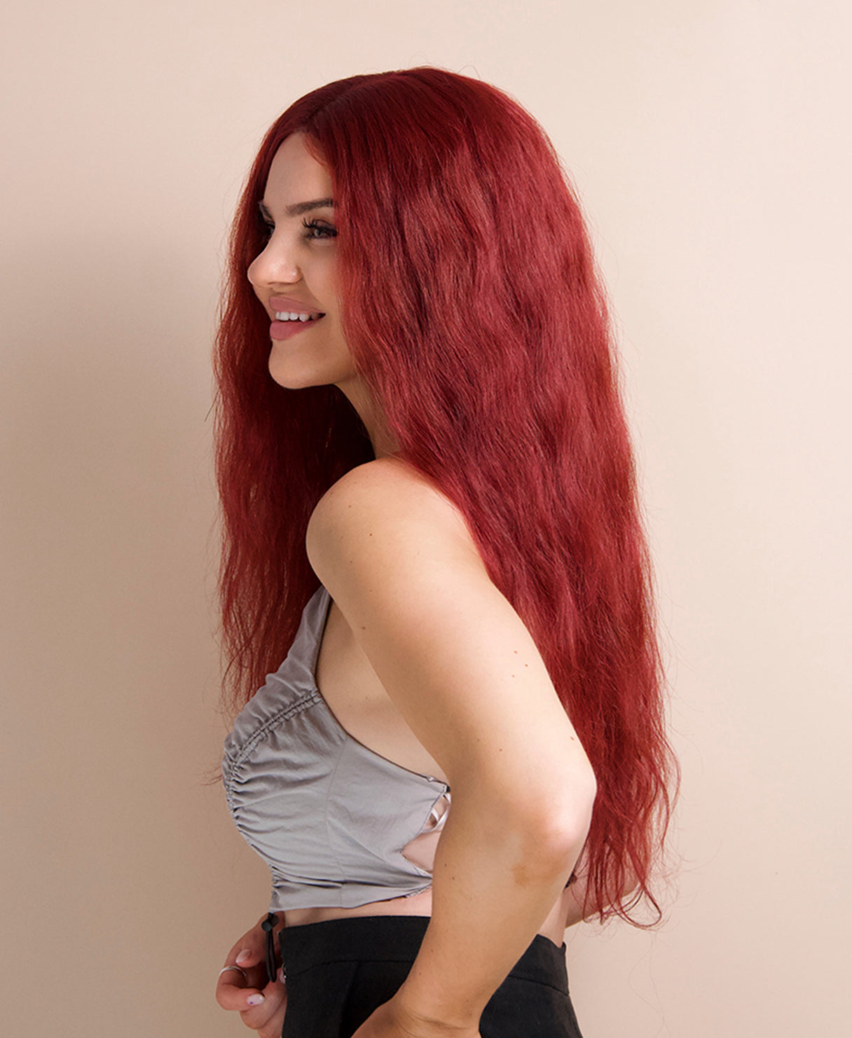 vegan fiber heatless wave wig - 24" hot red.