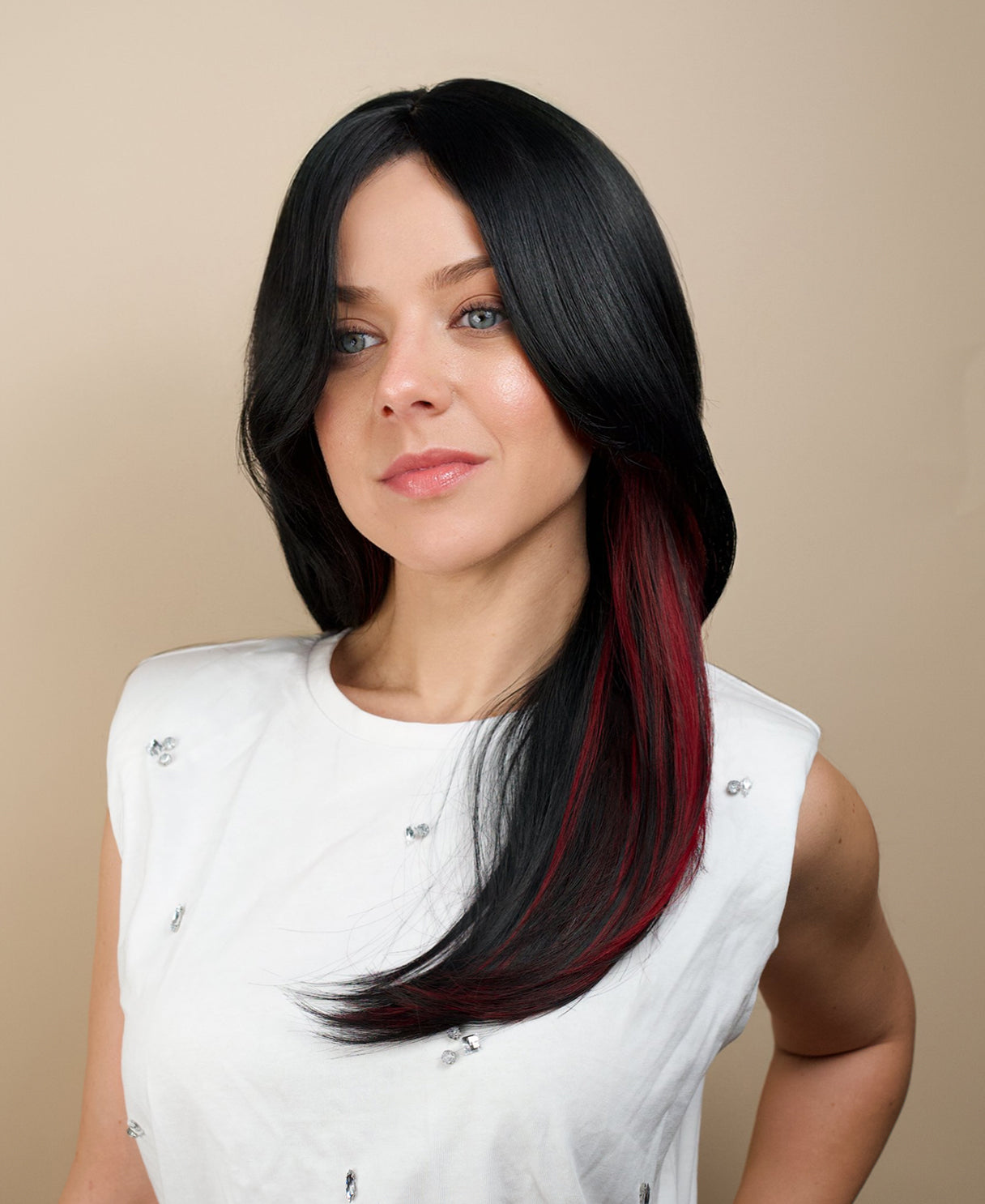 vegan fiber wig - 20" layered black with peekaboo red highlights.