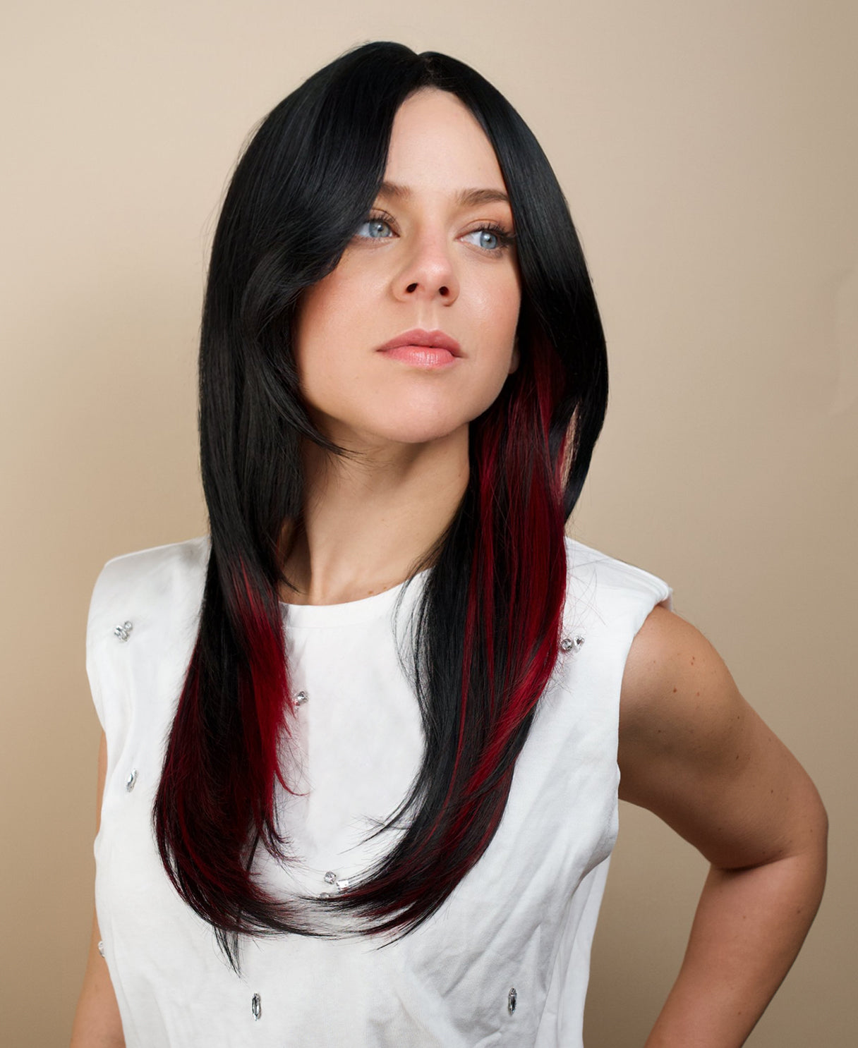vegan fiber wig - 20" layered black with peekaboo red highlights.