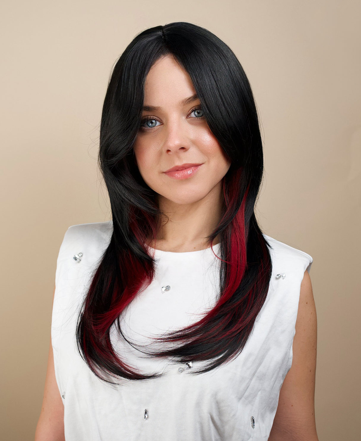 vegan fiber wig - 20" layered black with peekaboo red highlights.
