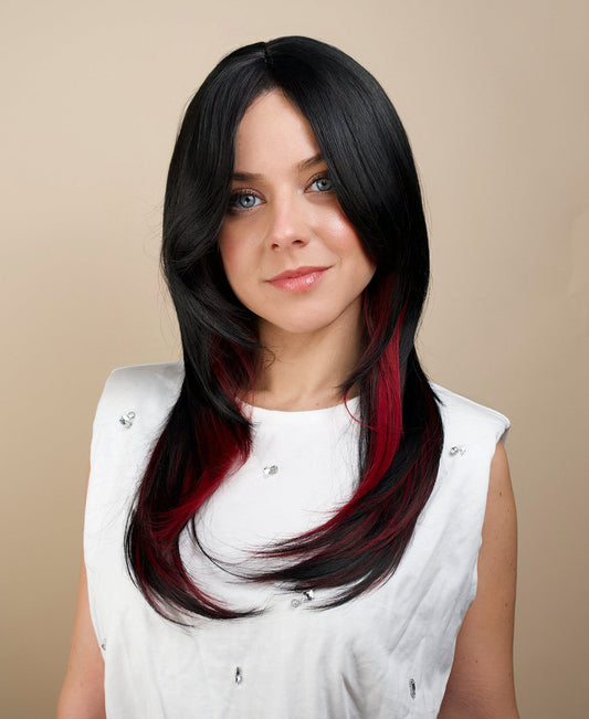 vegan fiber wig - 20" layered black with peekaboo red highlights.