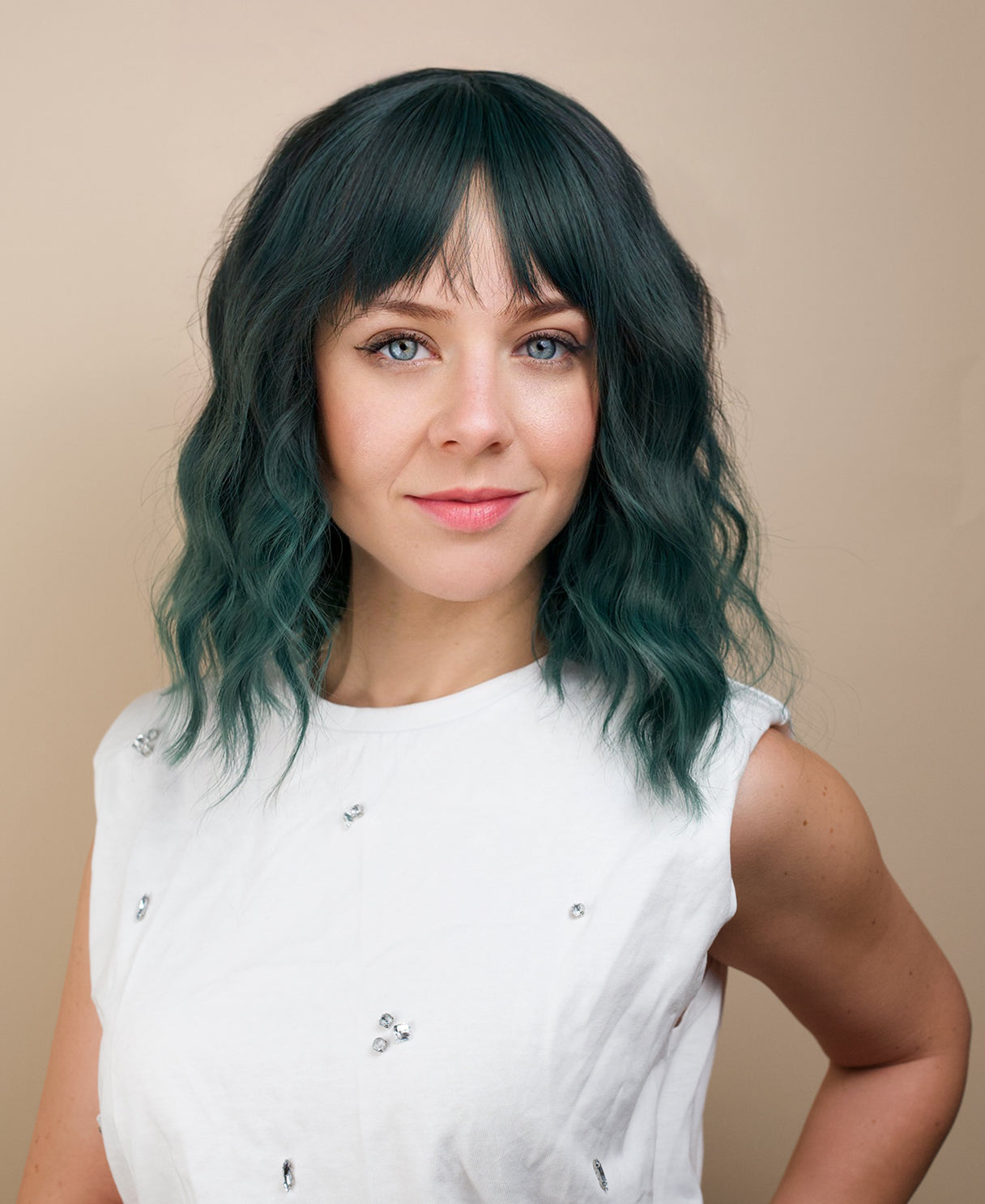 vegan fiber wig - 16" dimensional teal with fringe.