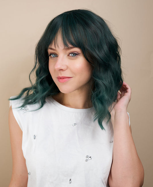 vegan fiber wig - 16" dimensional teal with fringe.