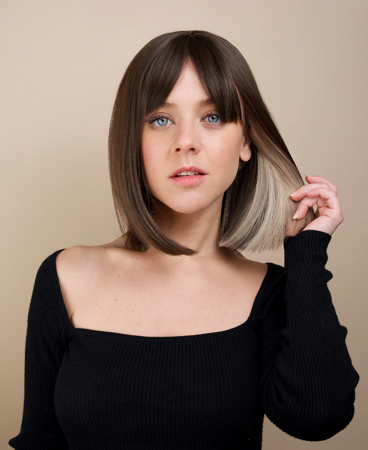 vegan fiber wig - 10" brown bob with fringe and peekaboo highlights.