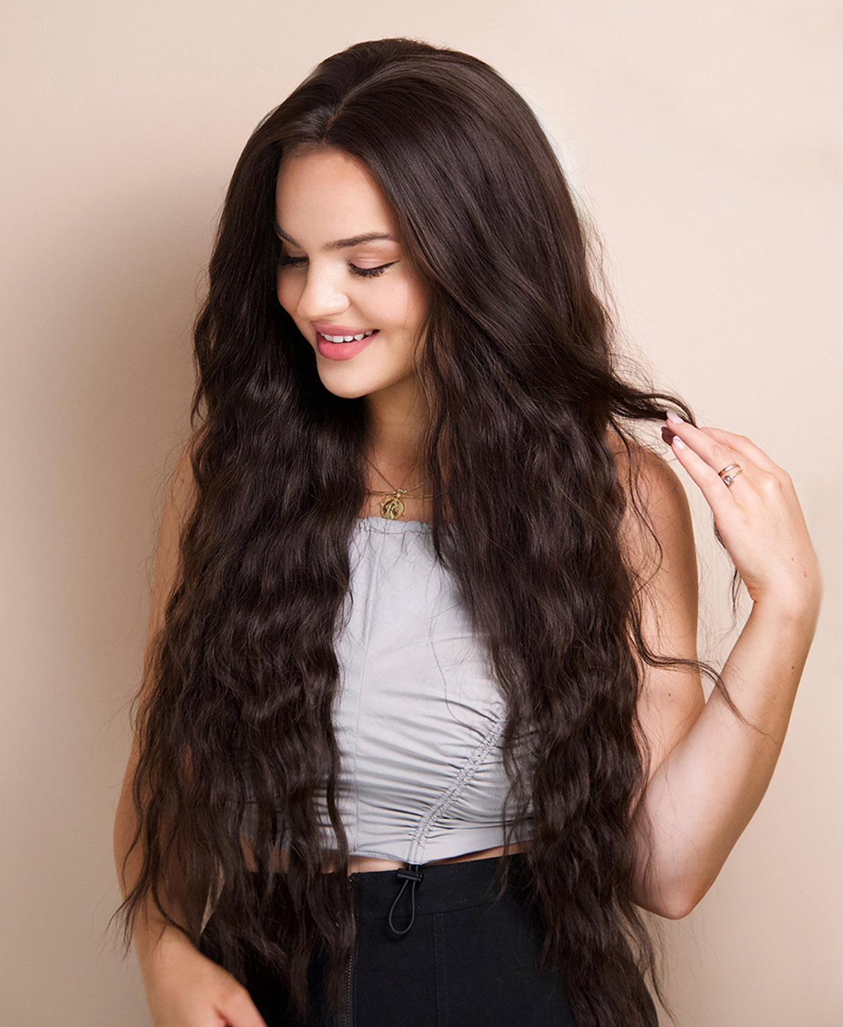 vegan fiber mermaid waves wig - 32" medium brown.
