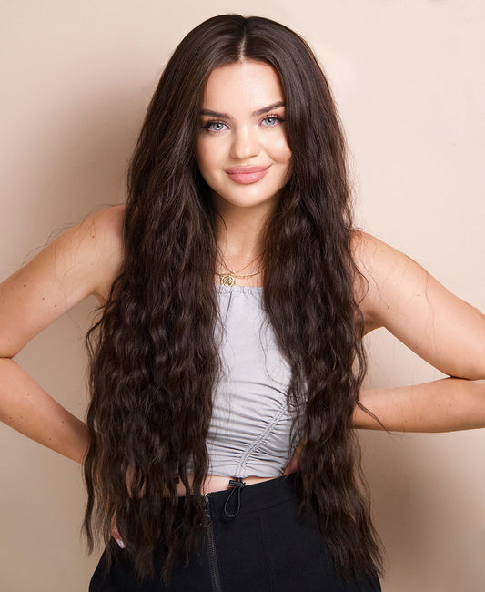 vegan fiber mermaid waves wig - 32" medium brown.