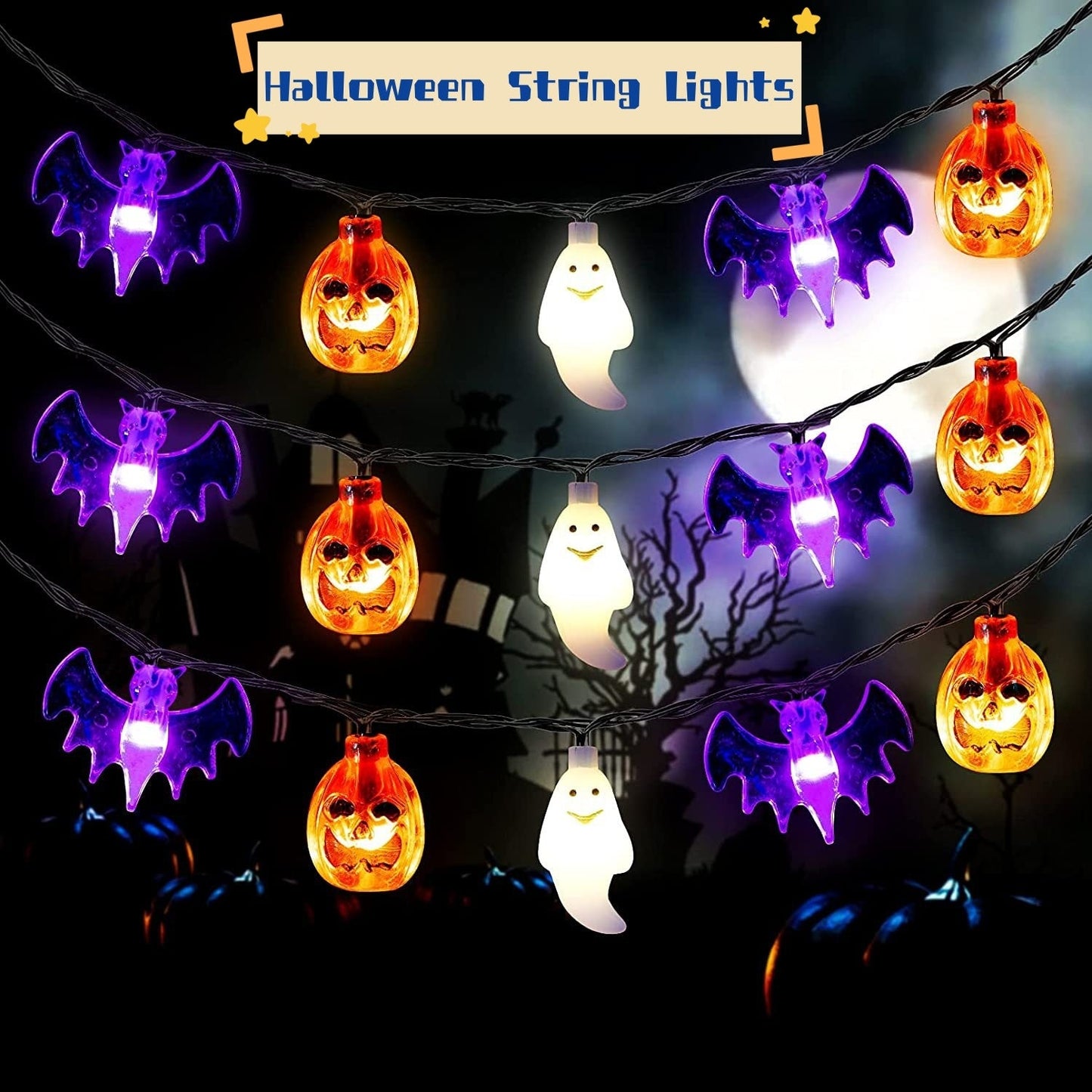 Sainishops™LED Halloween Pumpkin Spider Bat Skull String Light Lamp