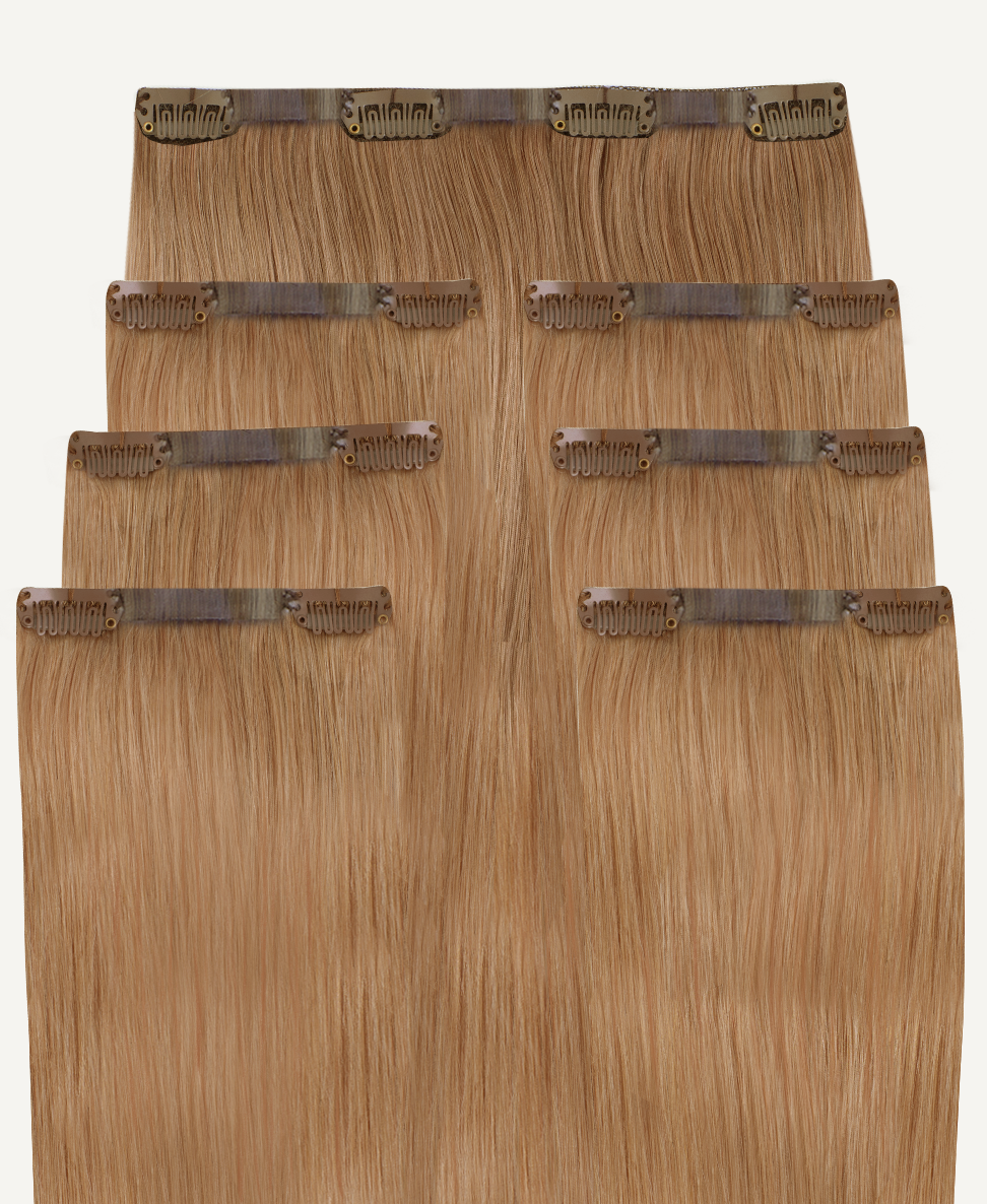 invisible clip-in hair extensions strawberry blonde.