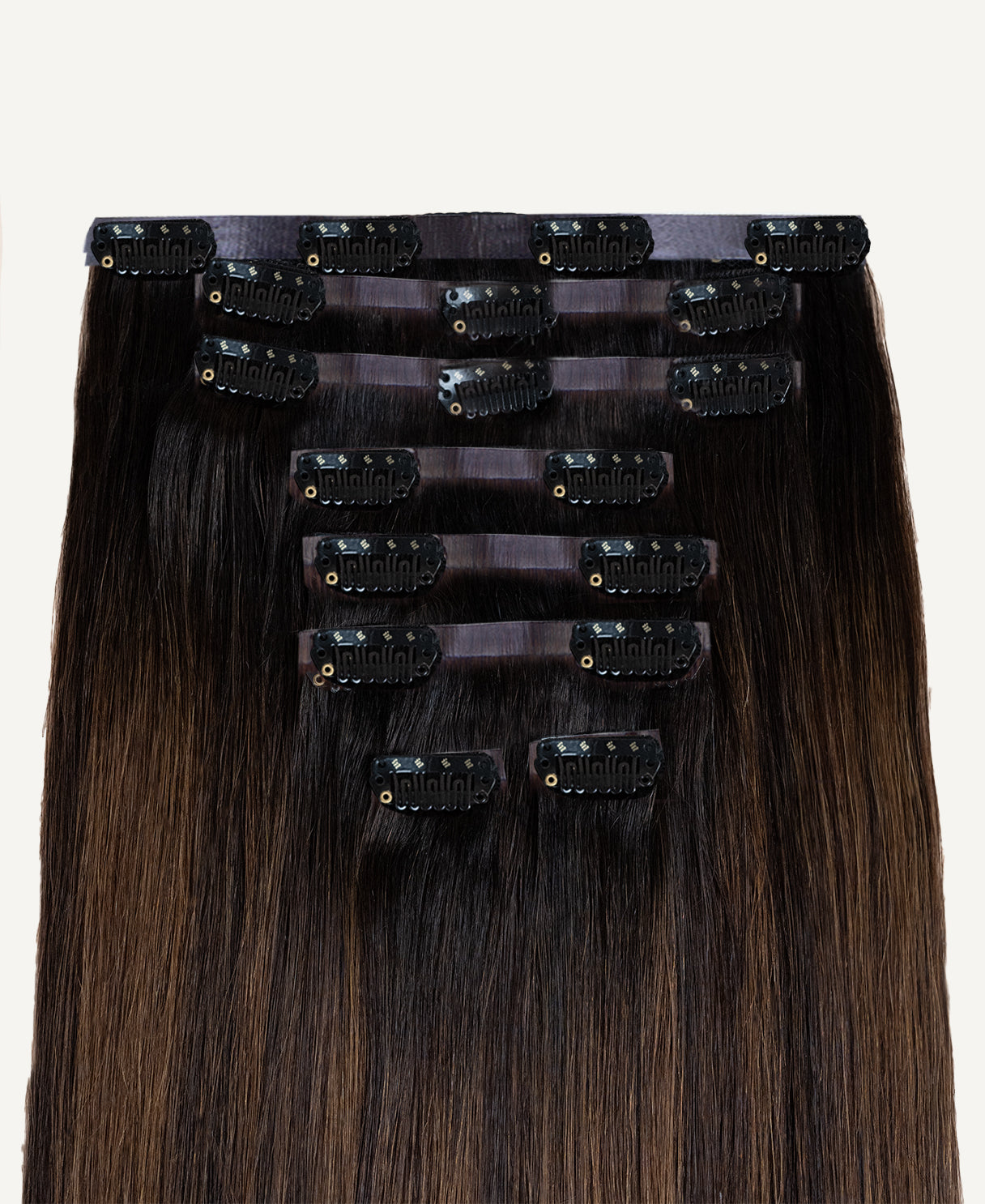 invisible clip-in hair extensions mocha balayage.
