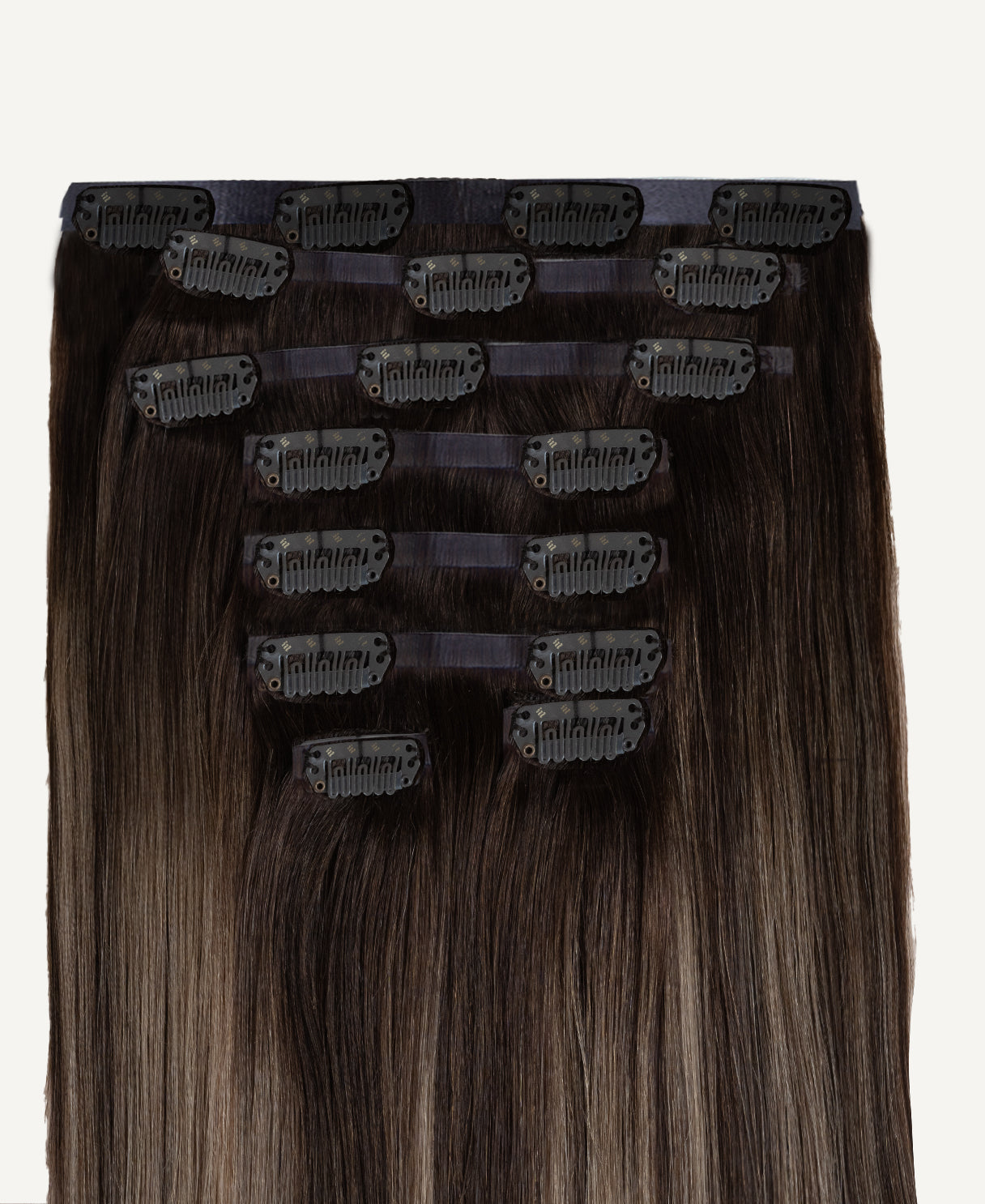 invisible clip-in hair extensions ash brown balayage.