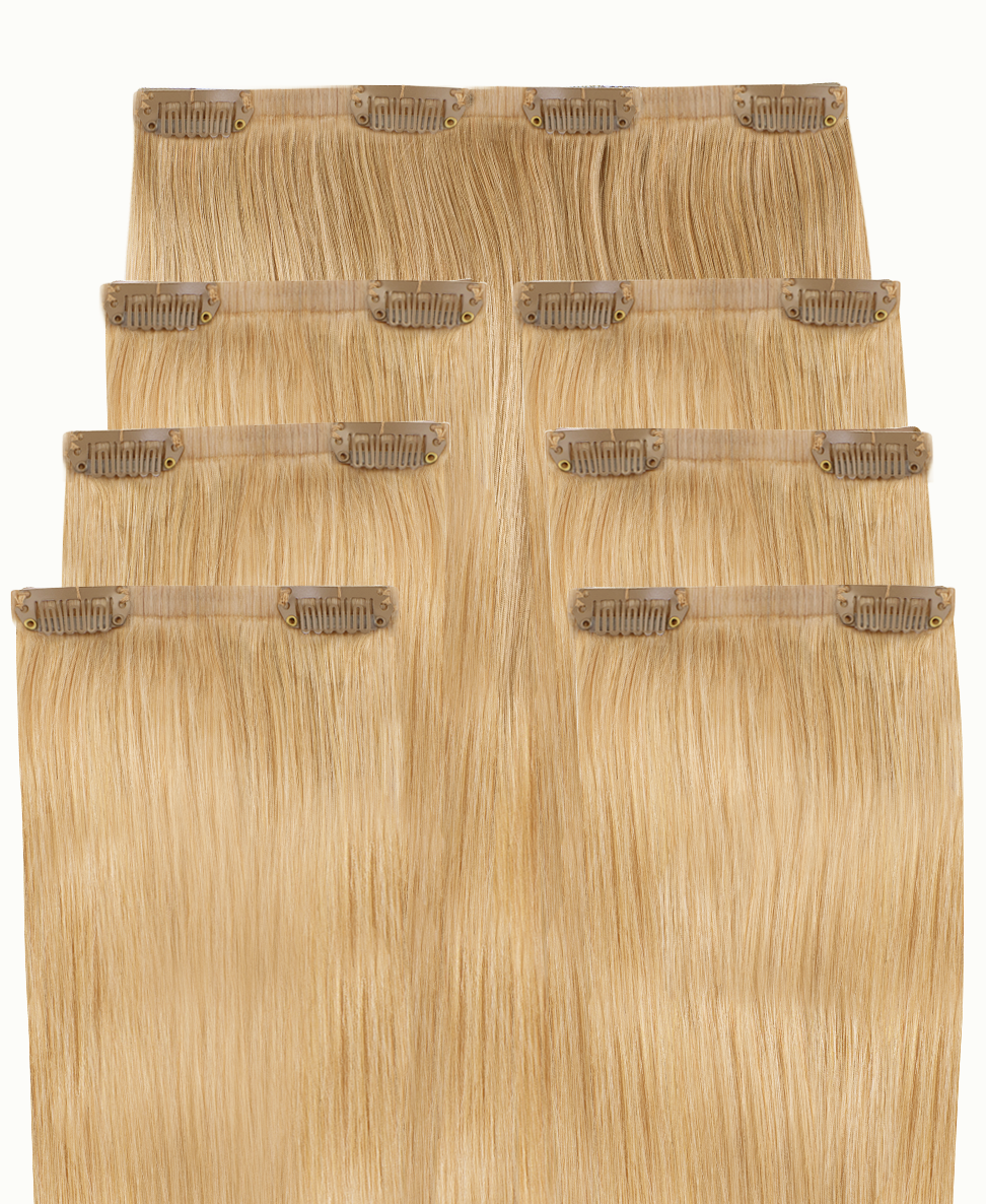 invisible clip-in hair extensions honey blonde.
