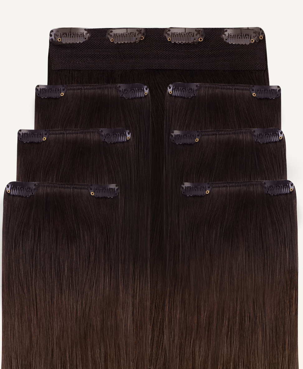 clip-in hair extensions dimensional brown.