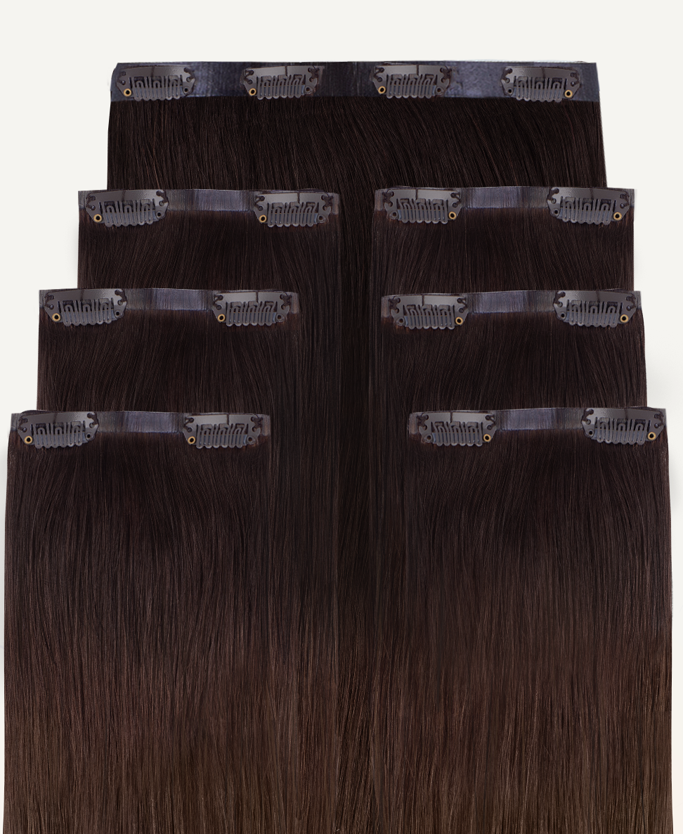 invisible clip-in hair extensions dimensional brown.