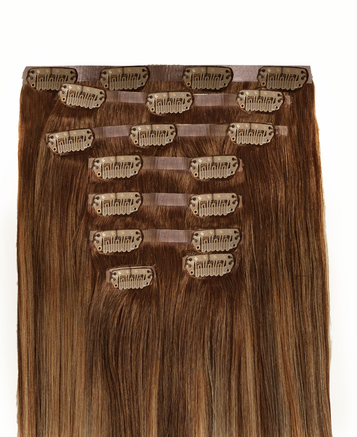 invisible clip-in hair extensions caramel balayage.
