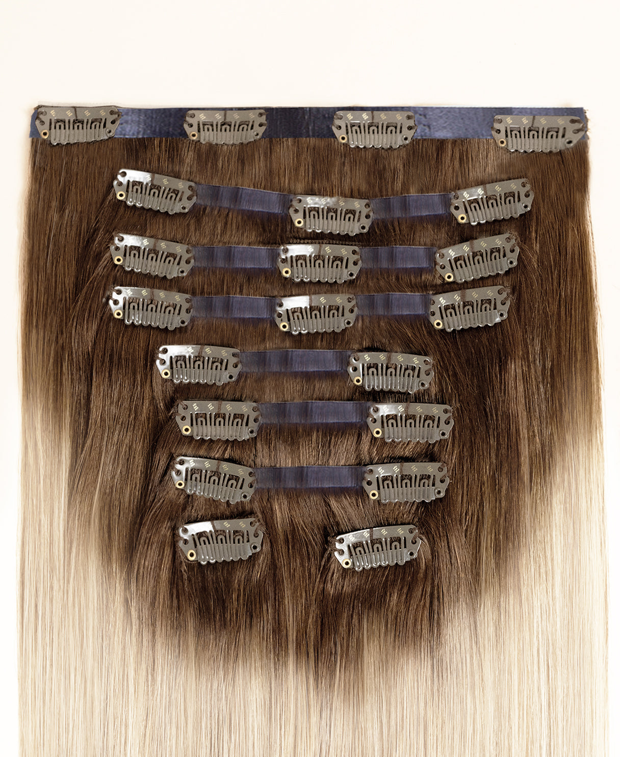 invisible clip-in hair extensions shadow root white blonde.