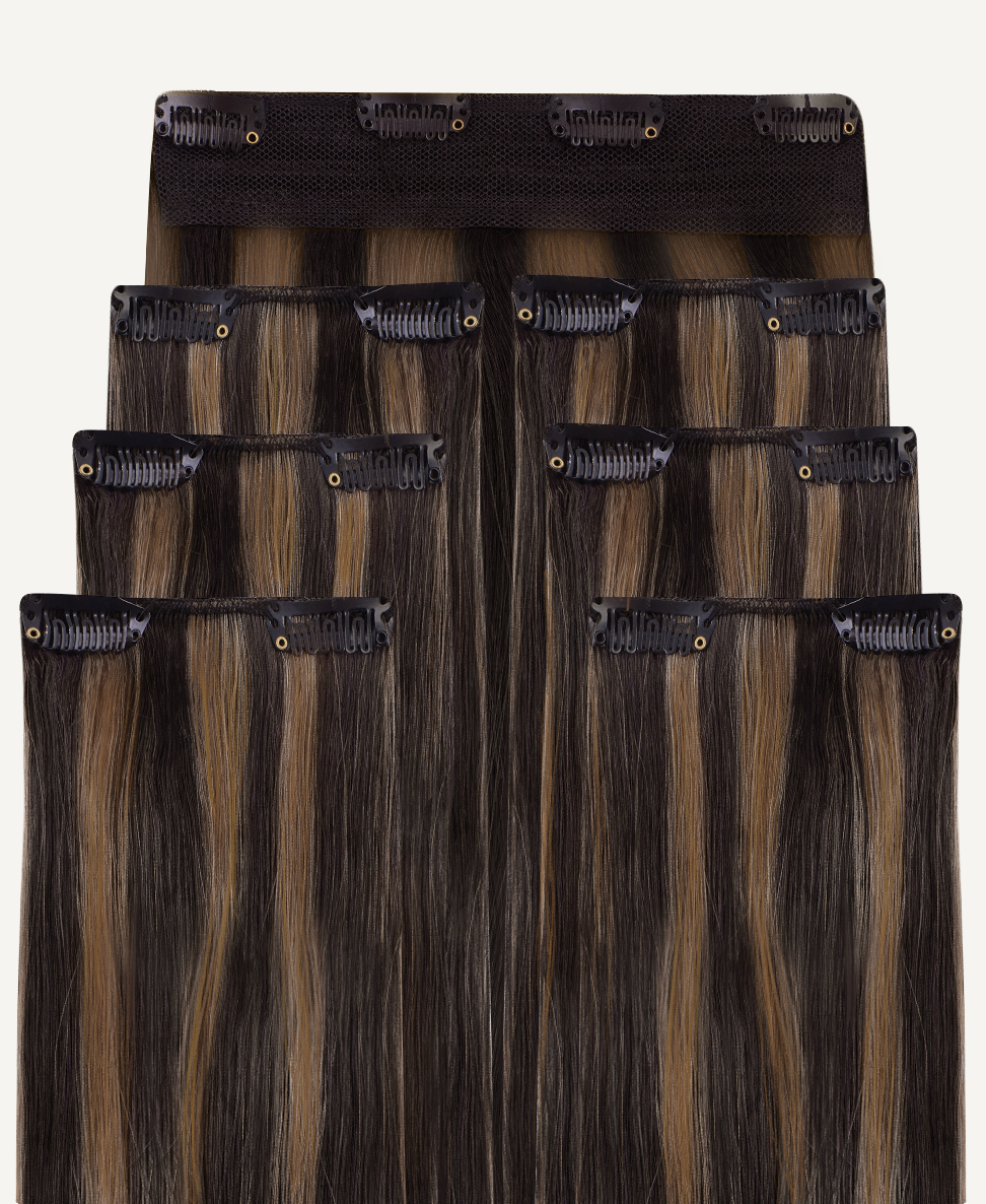 clip-in hair extensions dark highlights.