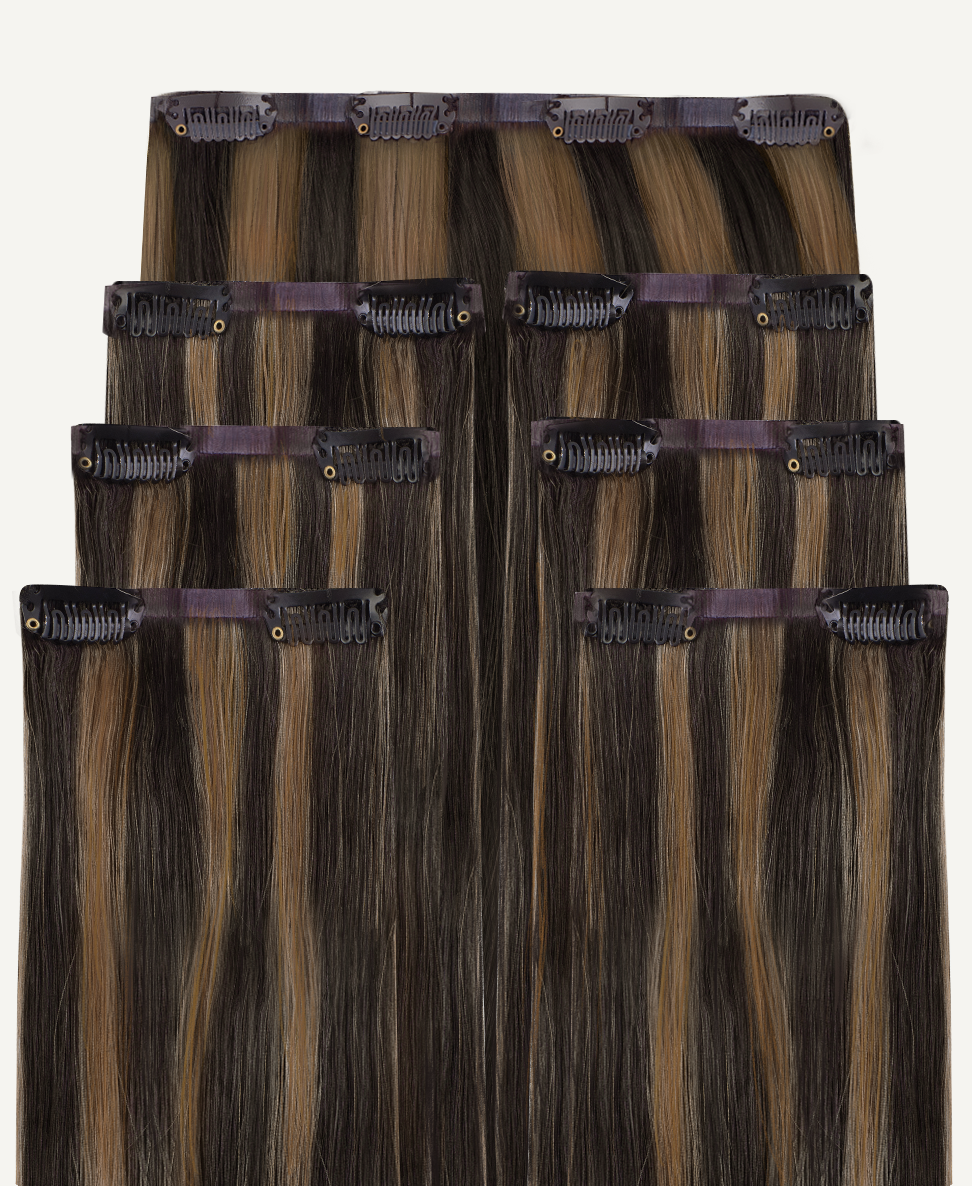 invisible clip-in hair extensions dark highlights.