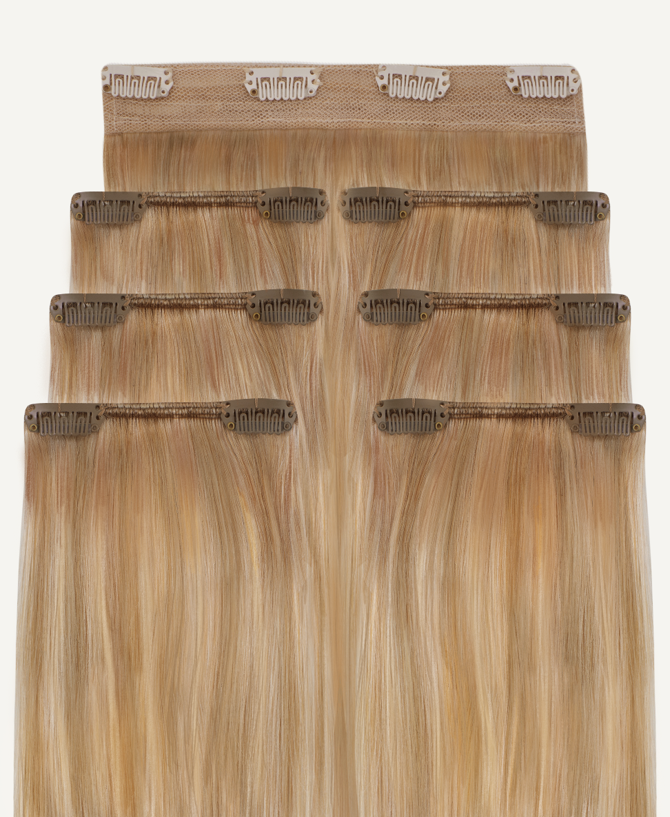 clip-in hair extensions blonde balayage.