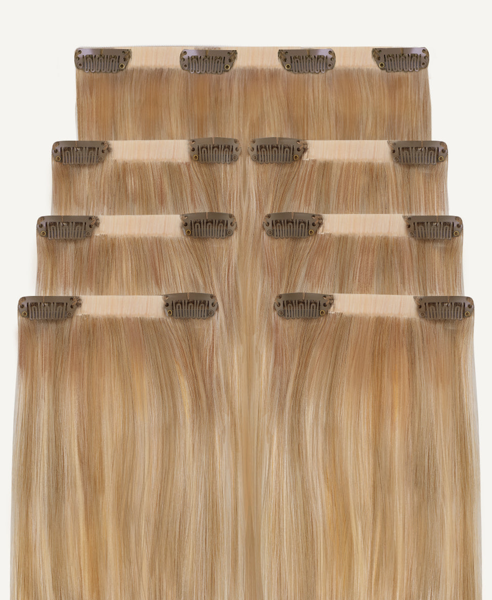 invisible clip-in hair extensions blonde highlights.