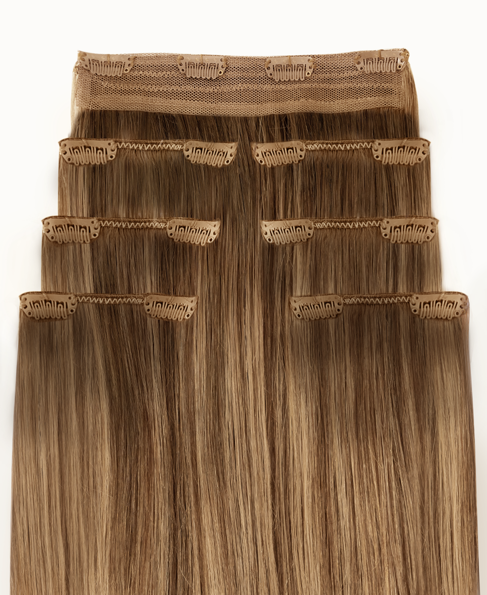 clip-in hair extensions teddy blonde balayage.