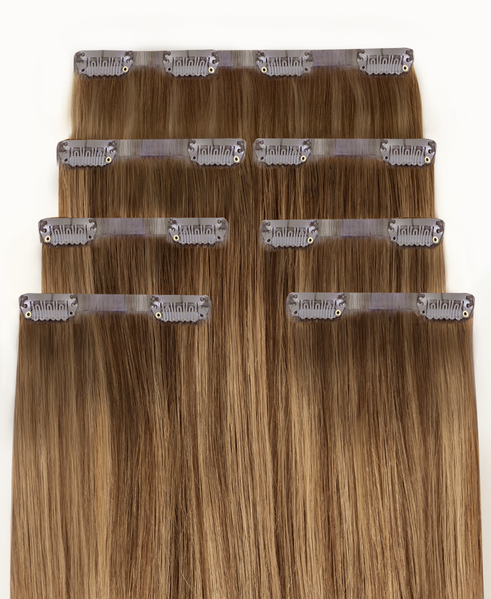 invisible clip-in hair extensions teddy blonde balayage.